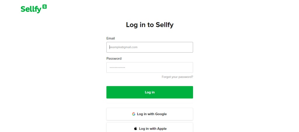 ellfy login page with fields for email and password, a green "Log in" button, and options to log in with Google or Apple.